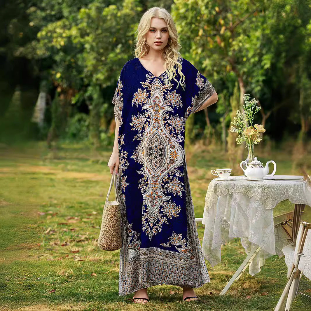 Women's Loose V-Neck Printed Long Dress