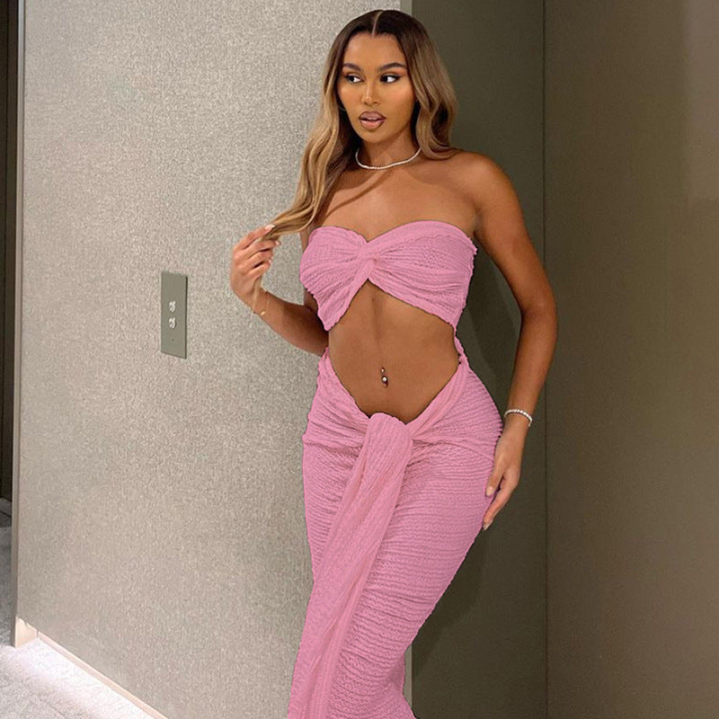 Navel-Baring Lace-Up Long Skirt Suit