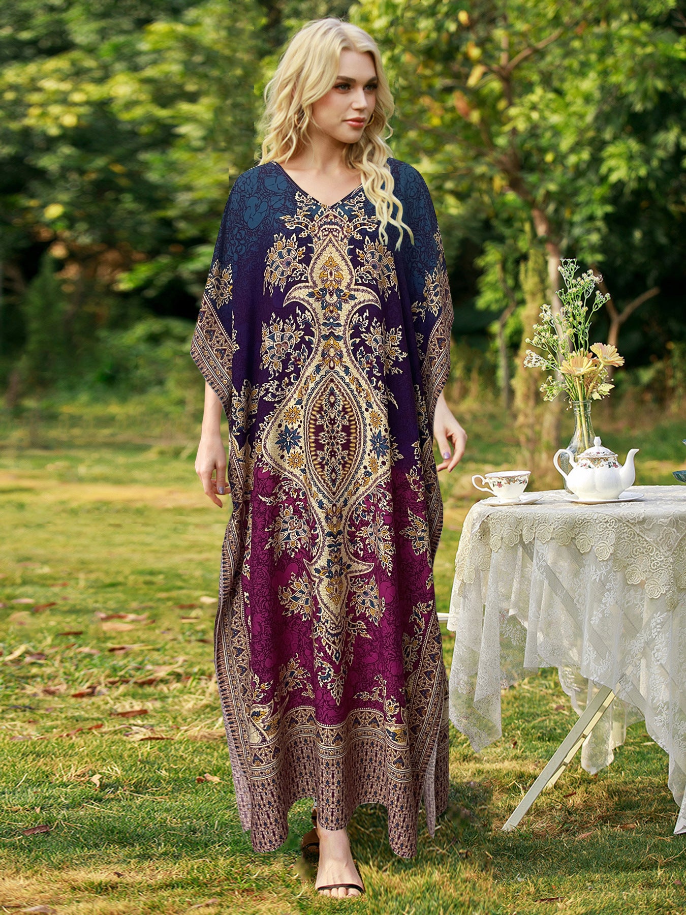 Women's Loose V-Neck Printed Long Dress