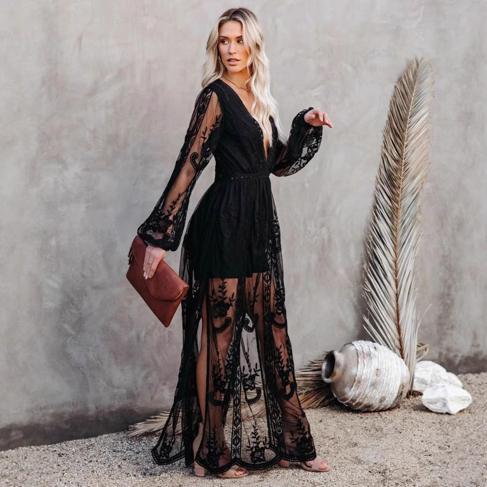 Elegant Lace V-Neck Chiffon Long Dress