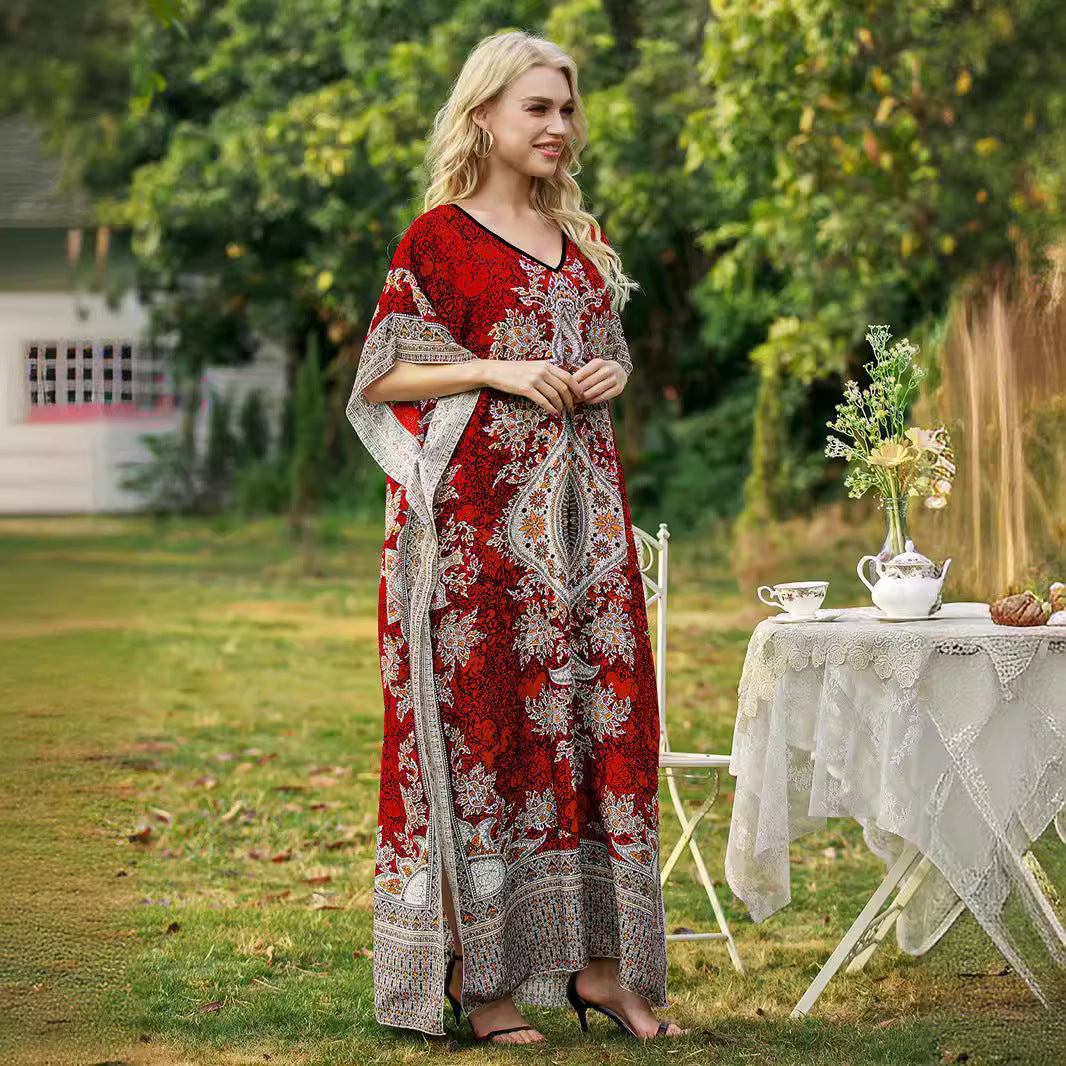Women's Loose V-Neck Printed Long Dress