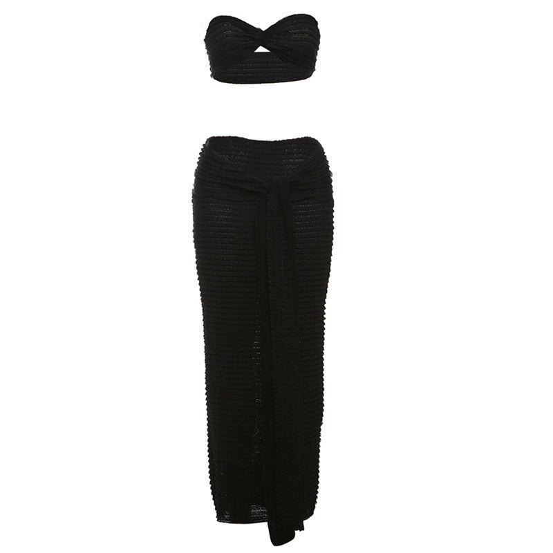 Navel-Baring Lace-Up Long Skirt Suit