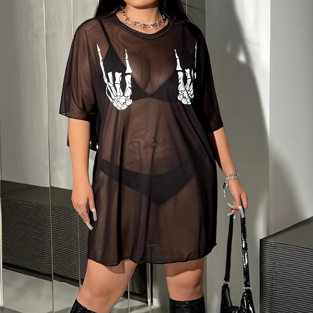 Women's Plus Size Skull Handprint Sheer Beach Cover-Up