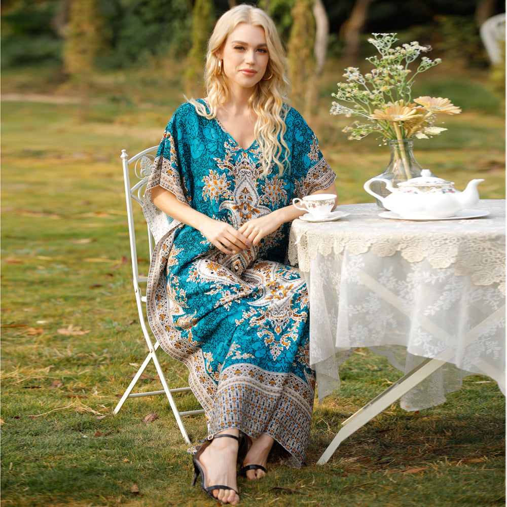 Women's Loose V-Neck Printed Long Dress