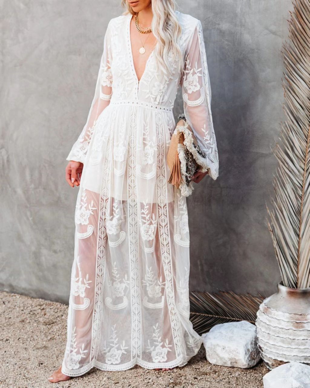 Elegant Lace V-Neck Chiffon Long Dress