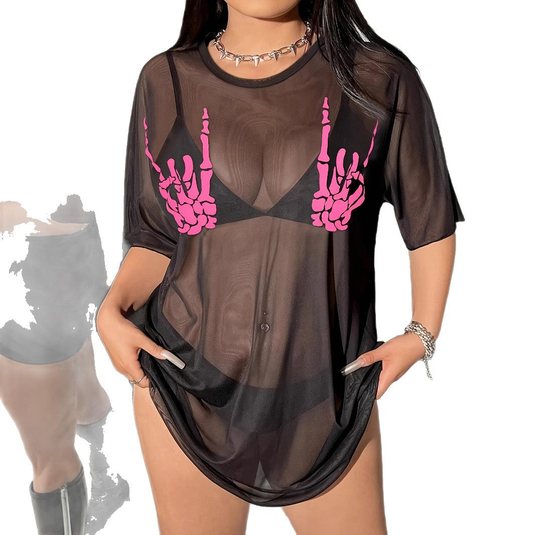 Women's Plus Size Skull Handprint Sheer Beach Cover-Up
