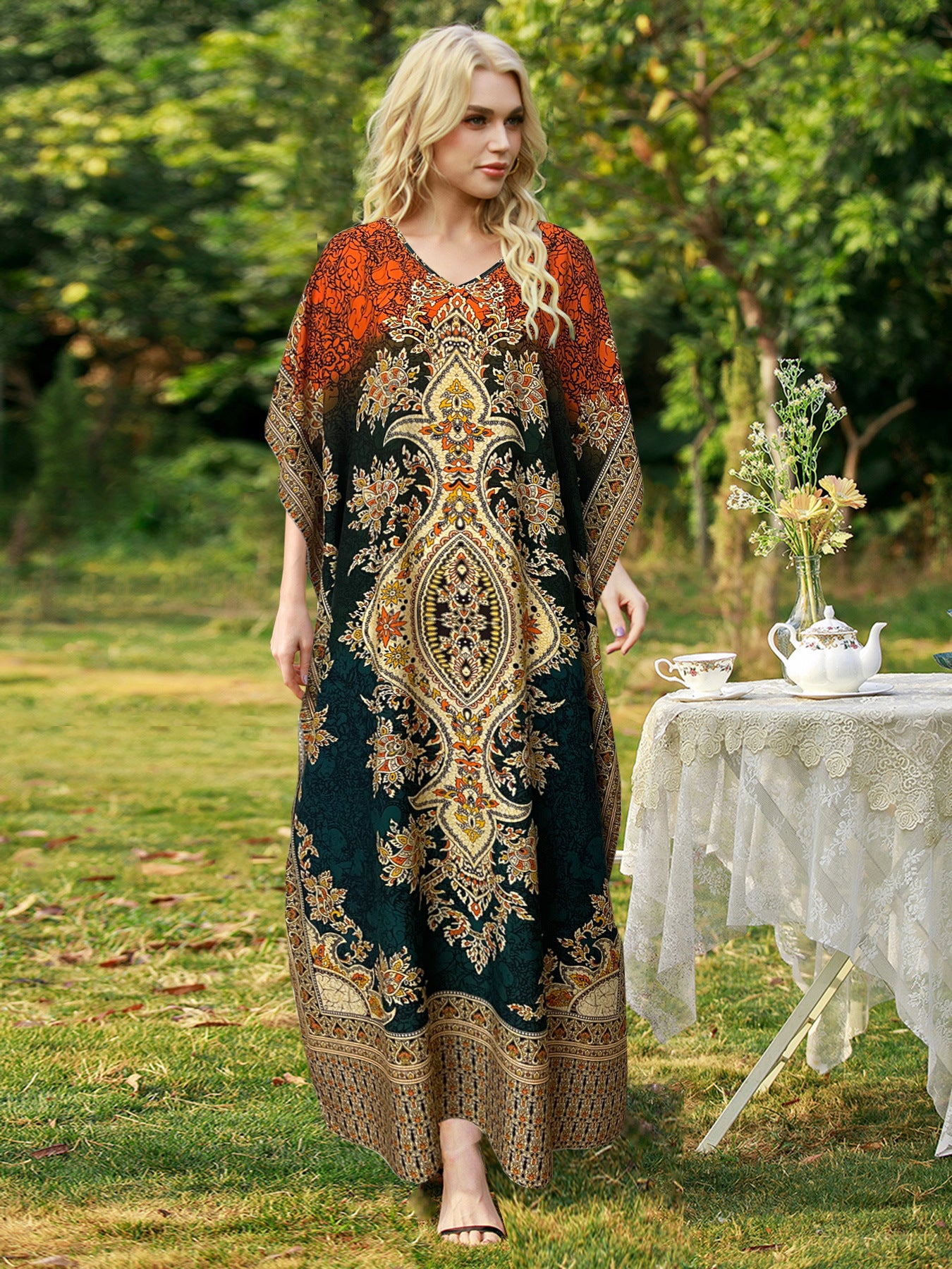 Women's Loose V-Neck Printed Long Dress