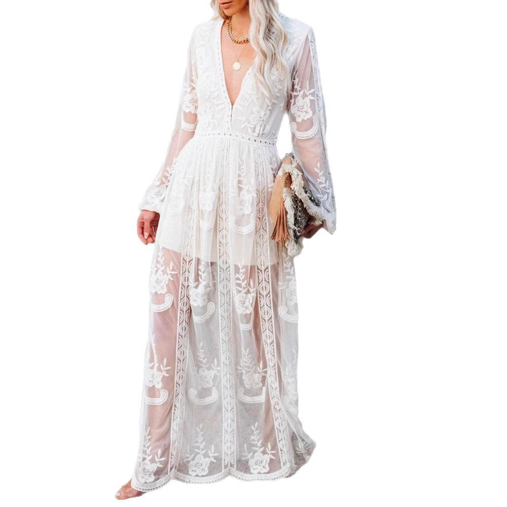 Elegant Lace V-Neck Chiffon Long Dress