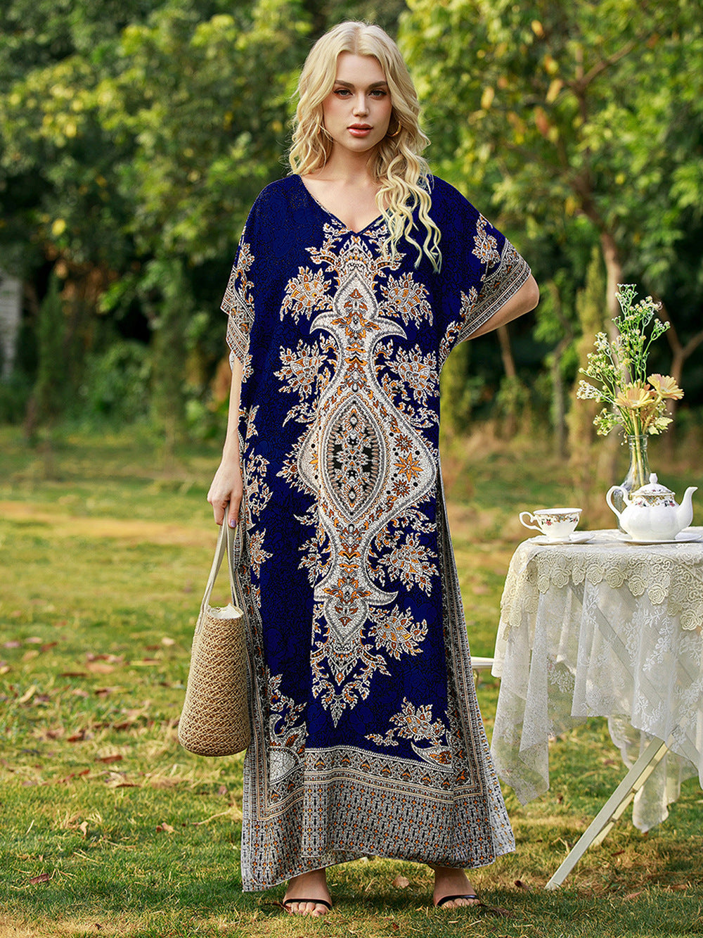 Women's Loose V-Neck Printed Long Dress