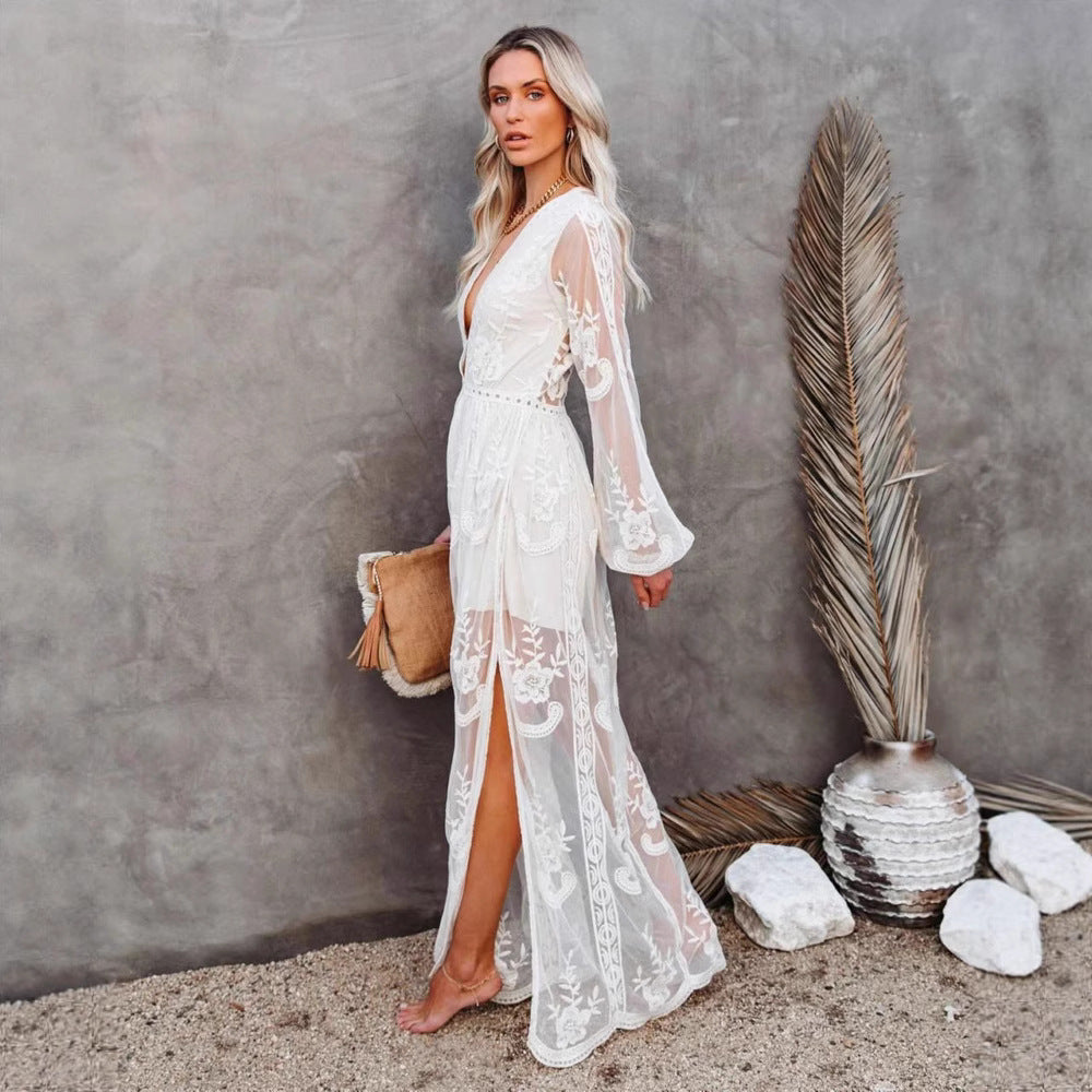 Elegant Lace V-Neck Chiffon Long Dress