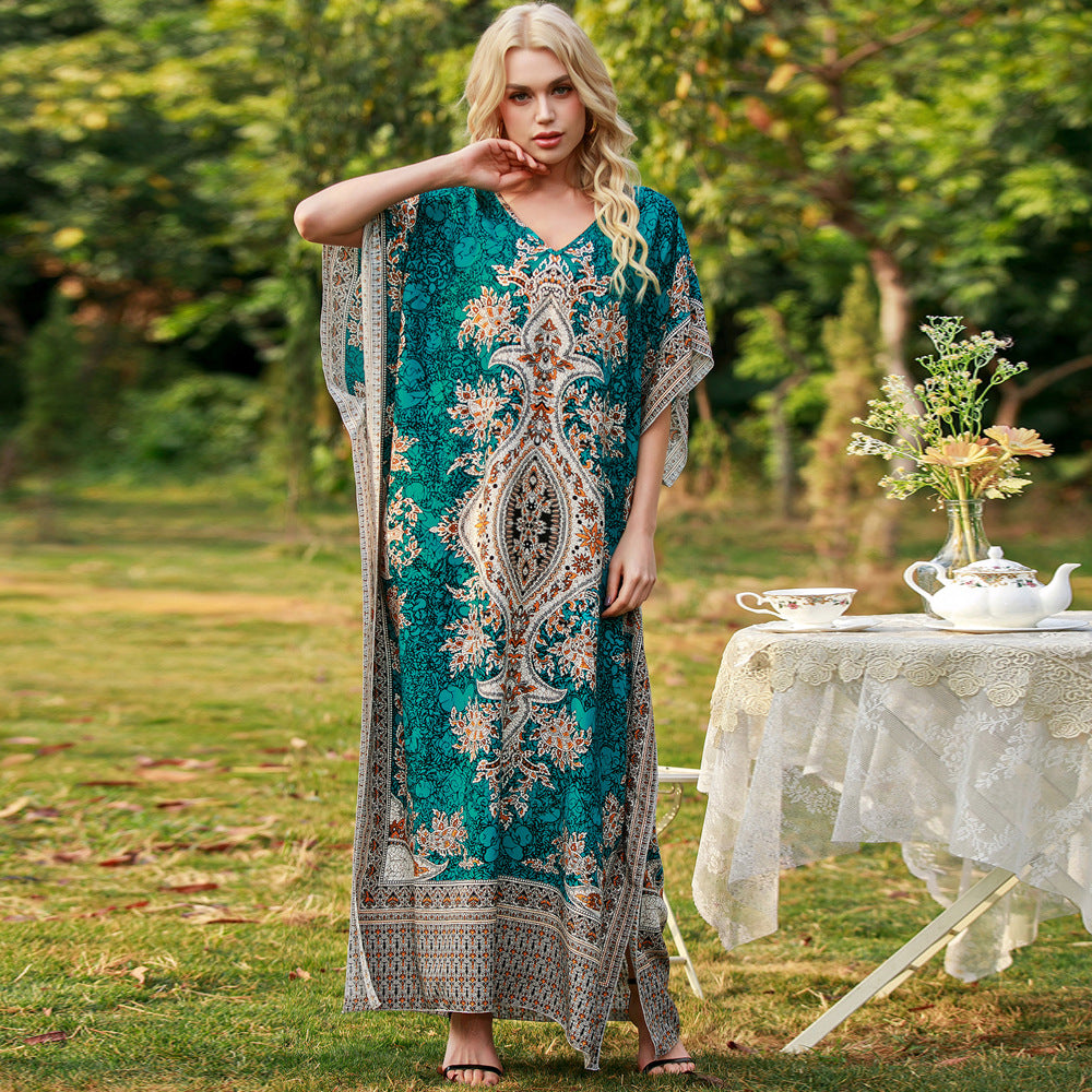 Women's Loose V-Neck Printed Long Dress
