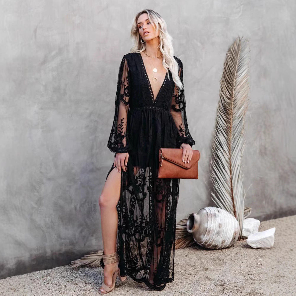 Elegant Lace V-Neck Chiffon Long Dress