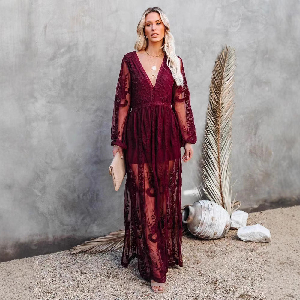 Elegant Lace V-Neck Chiffon Long Dress