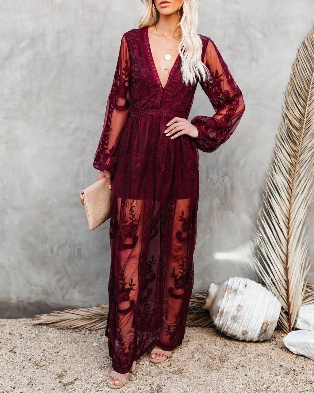 Elegant Lace V-Neck Chiffon Long Dress